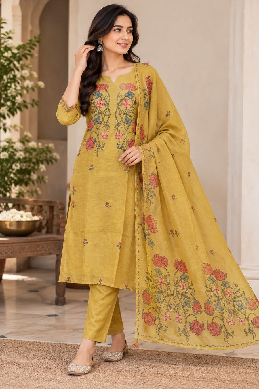 Women's Mustard Yellow Chanderi Kurti Pant Dupatta Set with Hand Kantha Work & Floral Embroidery