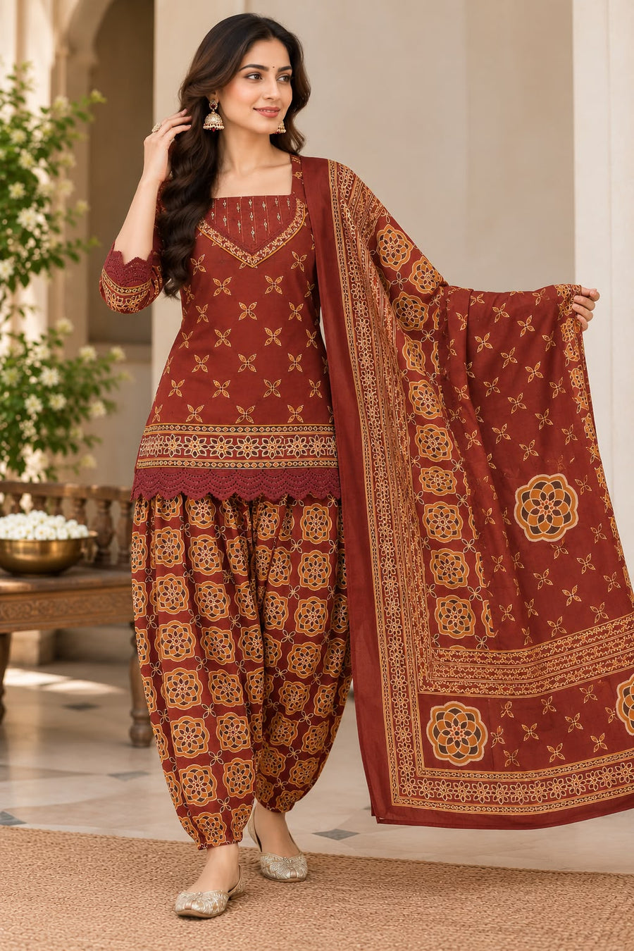 Women's Maroon Ethnic Printed Short Kurti with Farshi Salwar & Dupatta 3-Piece Set