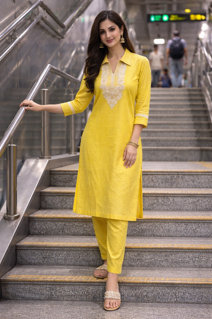Women’s Yellow Cotton Kurti Pant Set with Embroidered Neck | Comfortable Summer Ethnic Wear | Natural Fab