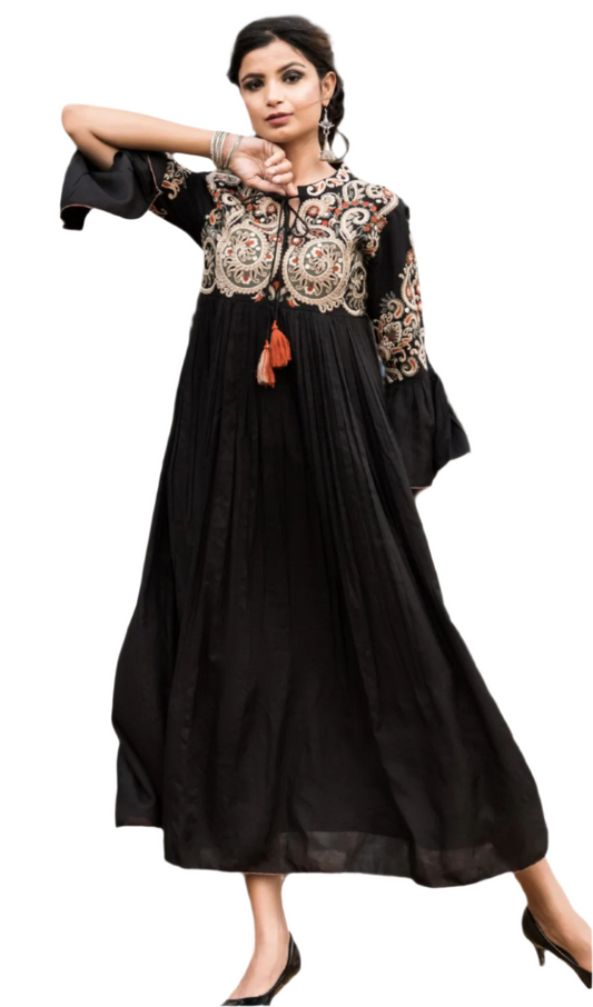 Black Cotton Dress with Intricate Embroidery