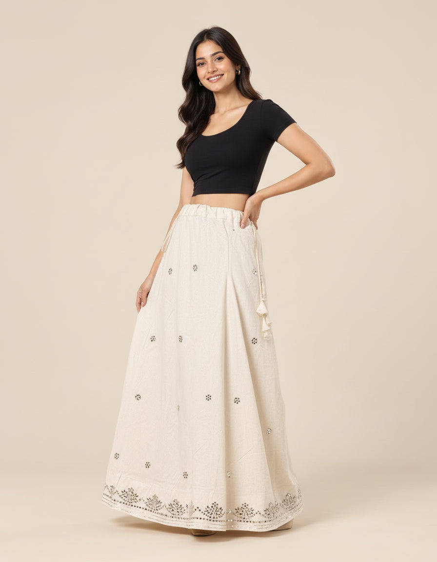 Women’s Cream Embroidered Gota Patti Work Long Flared Skirt