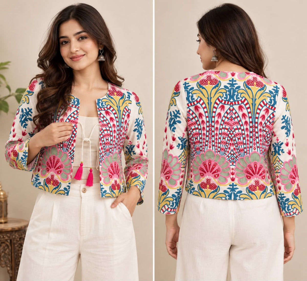Women's Ivory Multicolour Floral Embroidered Crop Jacket with Open Front & Ethnic Design
