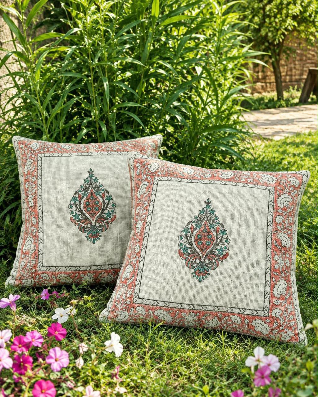 Natural Fab Hand Block Printed Jute Cushion Cover – Design E
