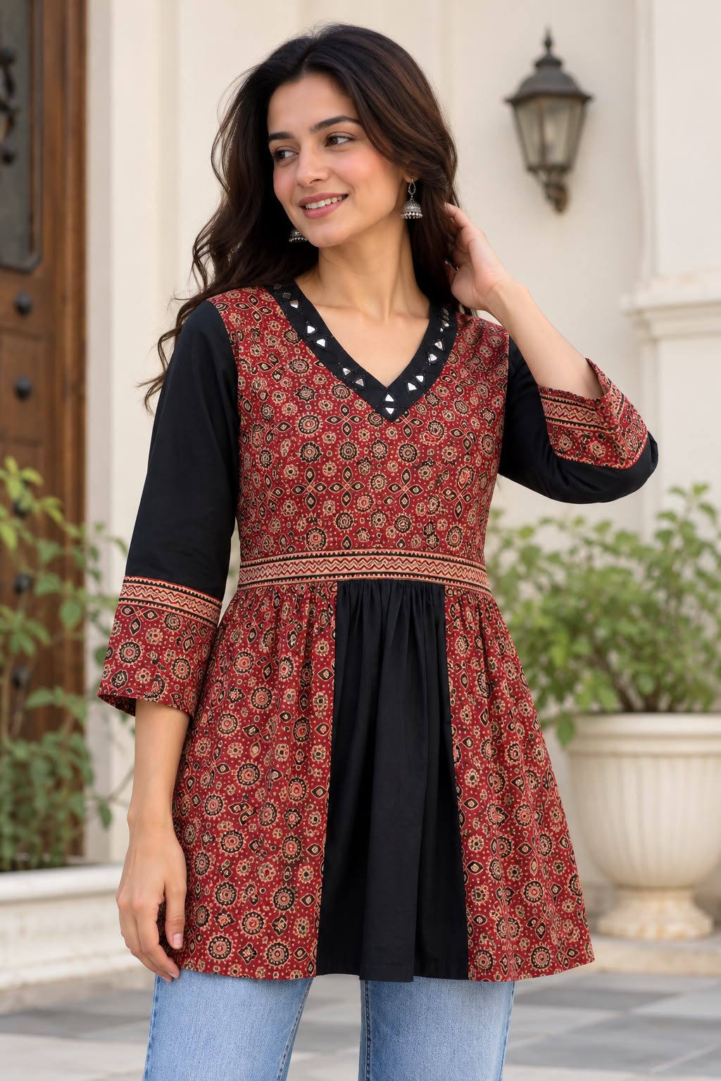 Women's Black Ajrakh Printed Top