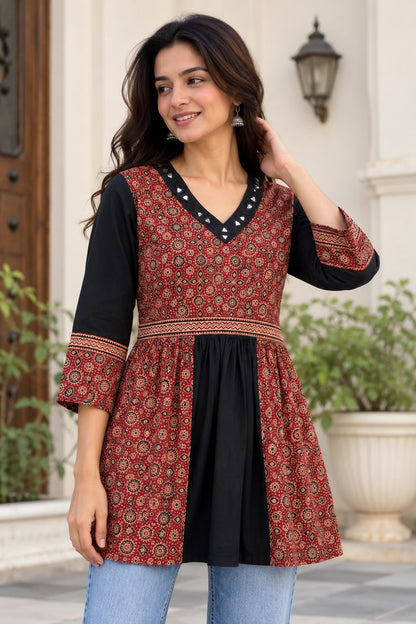 Women's Black Ajrakh Printed Top