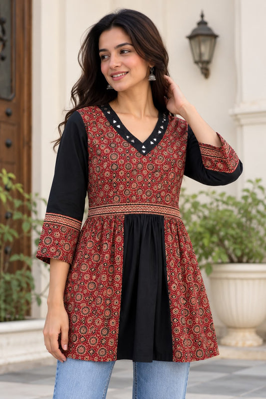 Women's Black Ajrakh Printed Top