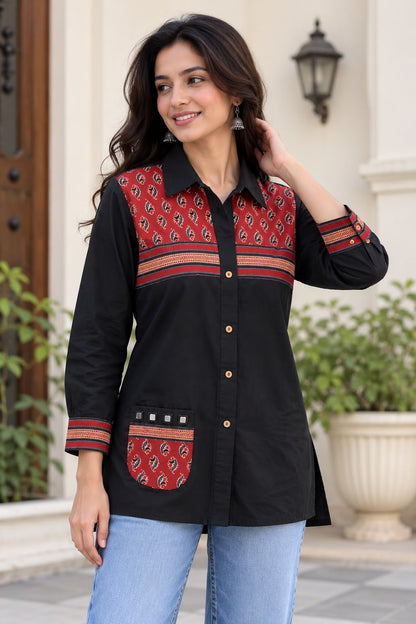 Women's Black Ajrakh Print Casual Top
