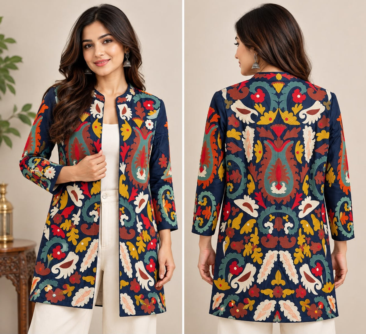 Women's Navy Blue Multicolour Floral Embroidered Long Jacket with Open Front & Ethnic Design