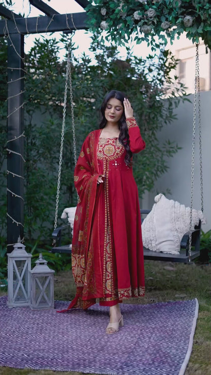 Women’s 100% Cotton Ajrakh Print Kurti Set with Dupatta – Ethnic Anarkali Style Festive Wear Suit