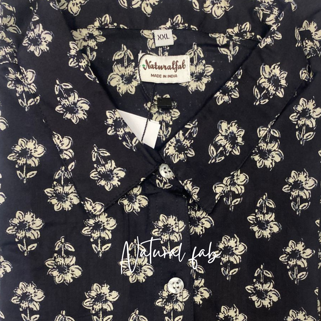 Natural Fab Women's Handblock Printed Cotton Shirt – Elegant Black Floral | Comfortable & Stylish